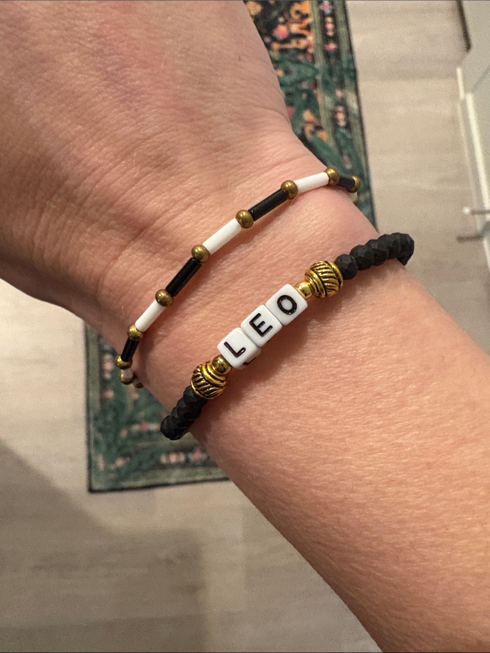 LEO Black and Gold Beaded Bracelet Set - Letter Bead Stack